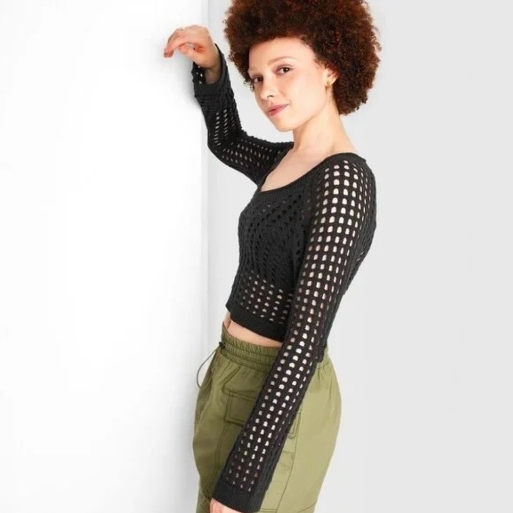 Wild Fable Black Crochet Long-Sleeve Crop Top